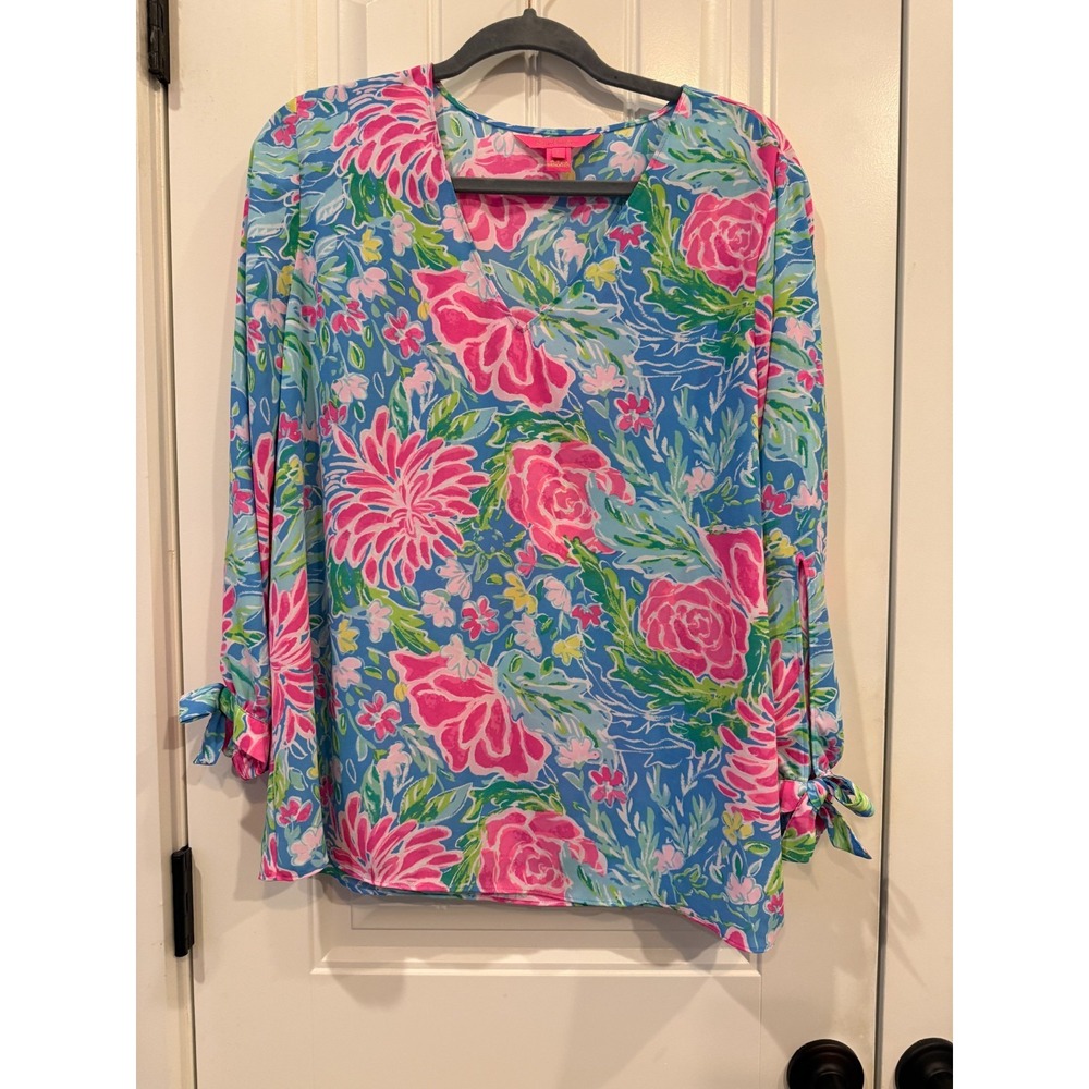 Lilly Pulitzer Pamala Top Sz L – Zanzibar‎ Blue Bunny Business Floral Print